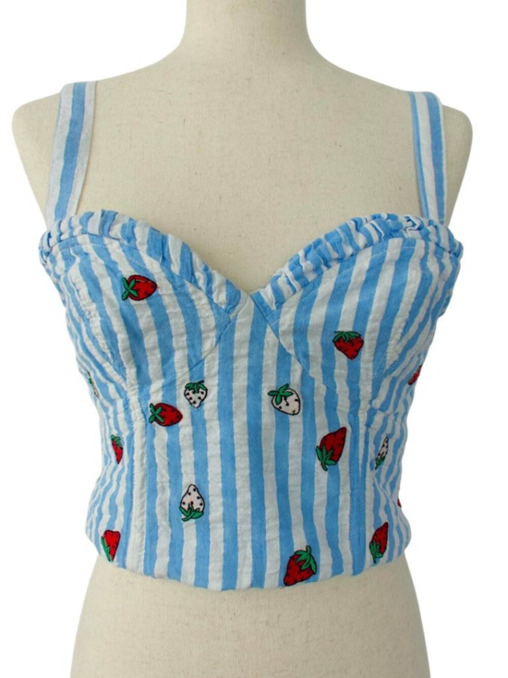 Maeve Anthropologie Strawberry Embroidered Corset Top Blue Stripe Sweetheart 10